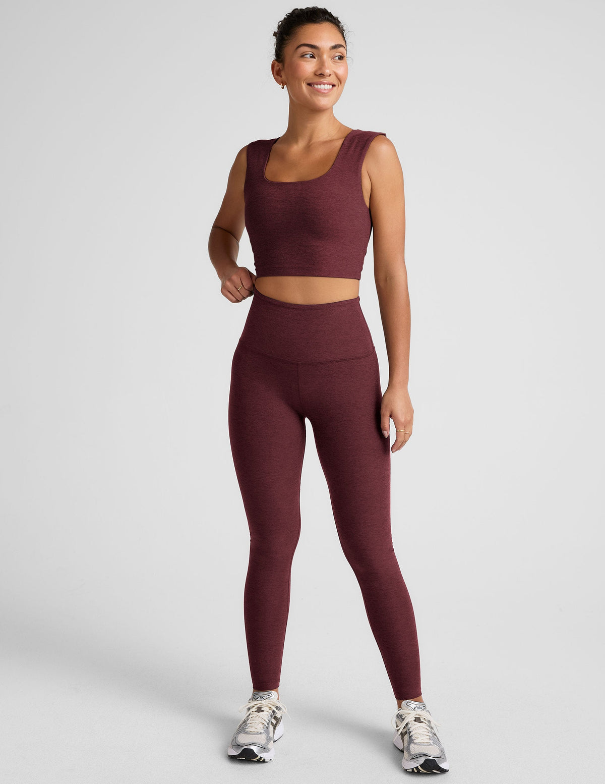 red high-waisted long length leggings.