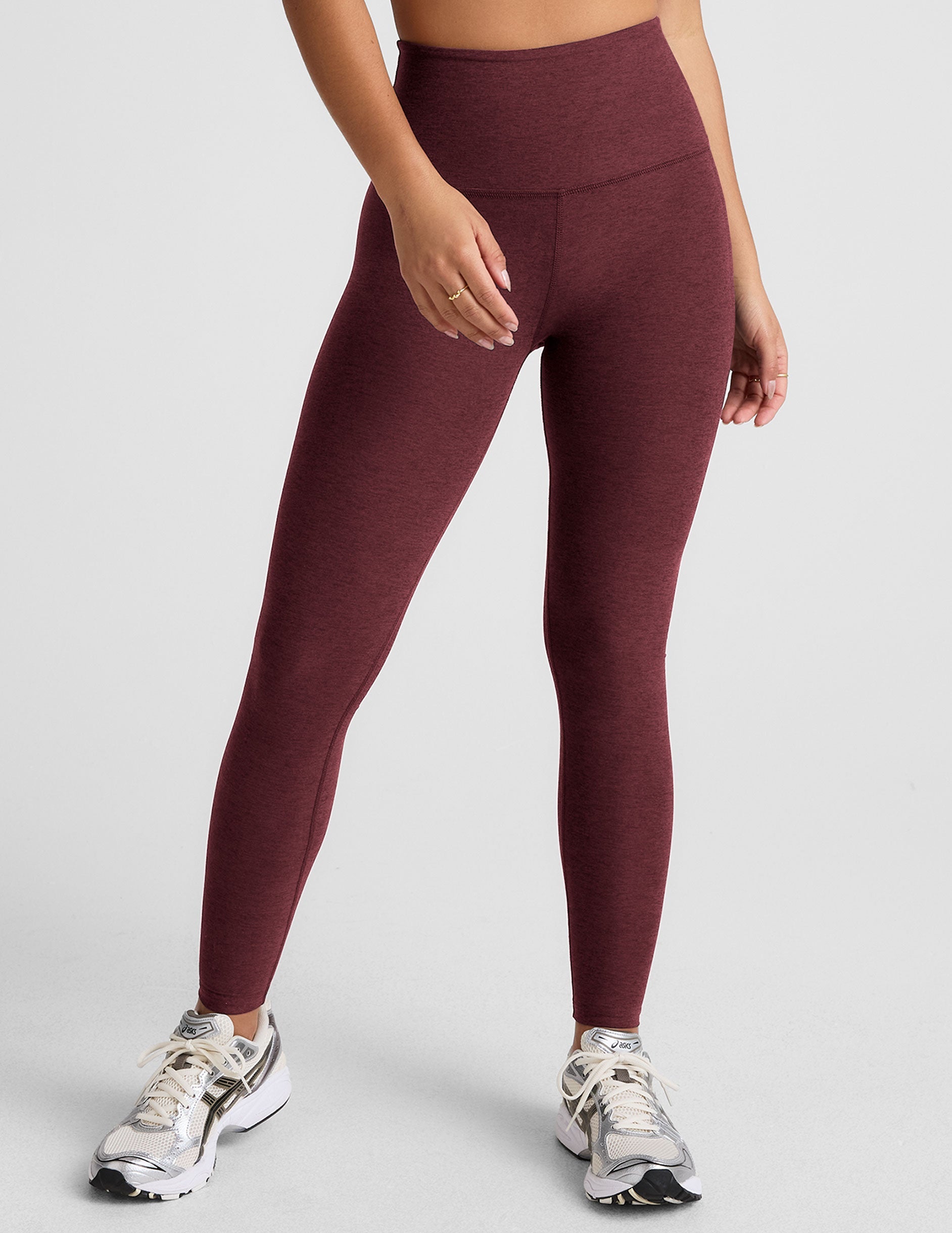 red high-waisted long length leggings.