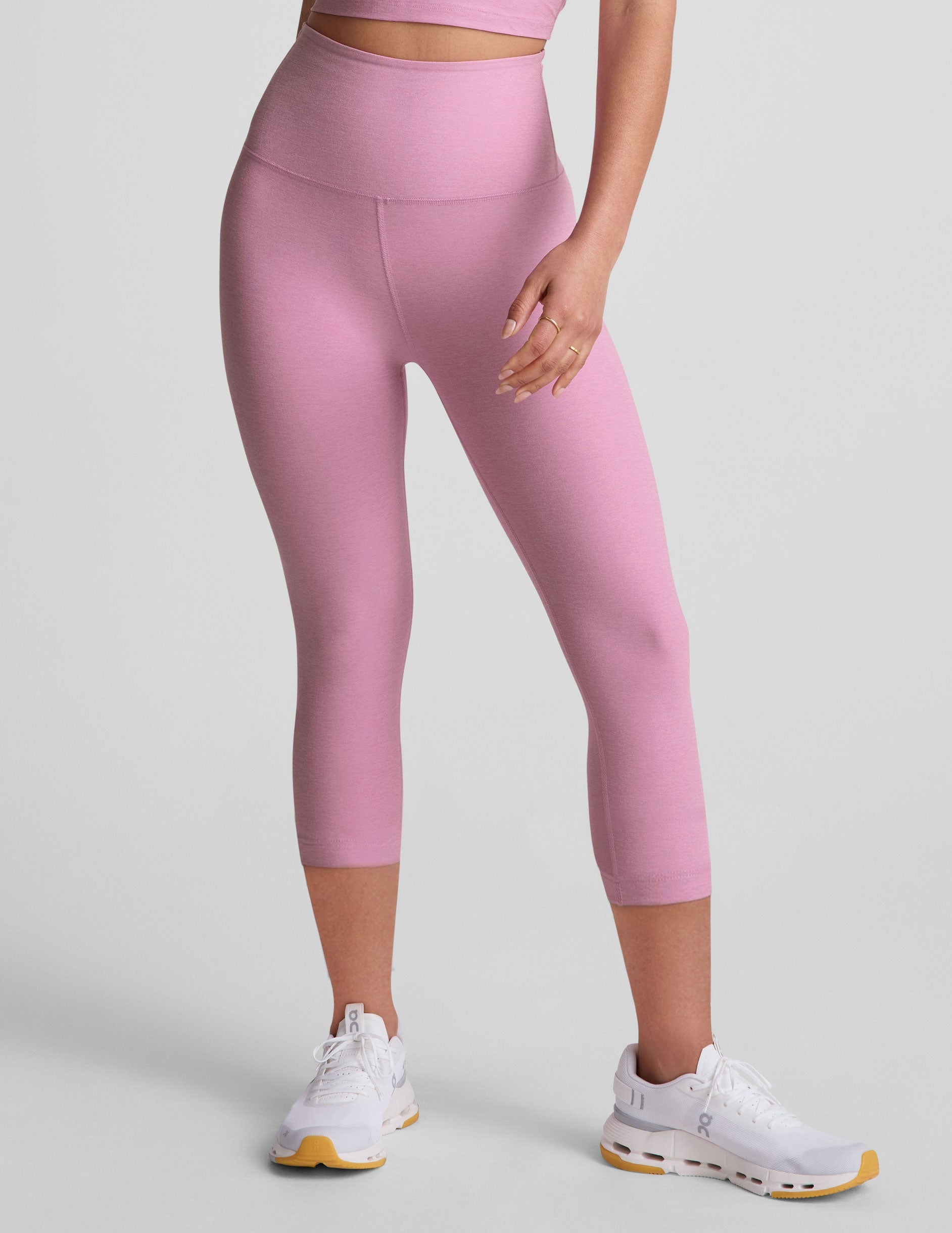 pink capri length leggings.