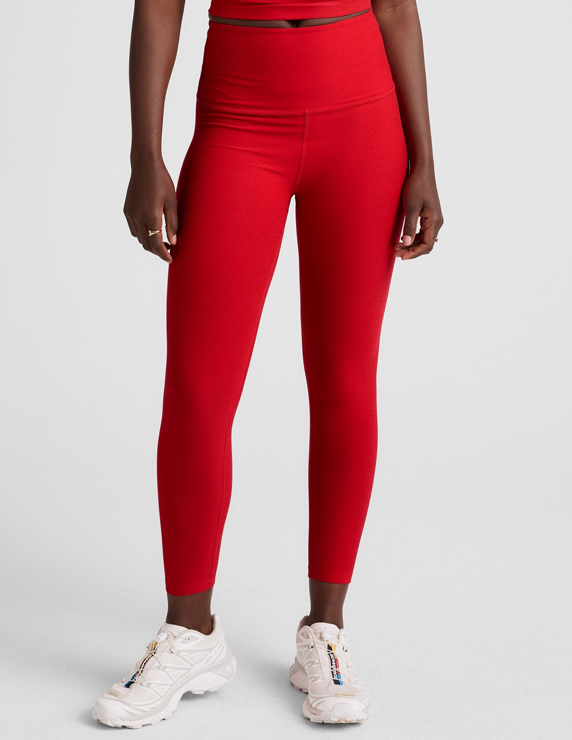 red high-waisted capri length leggings.