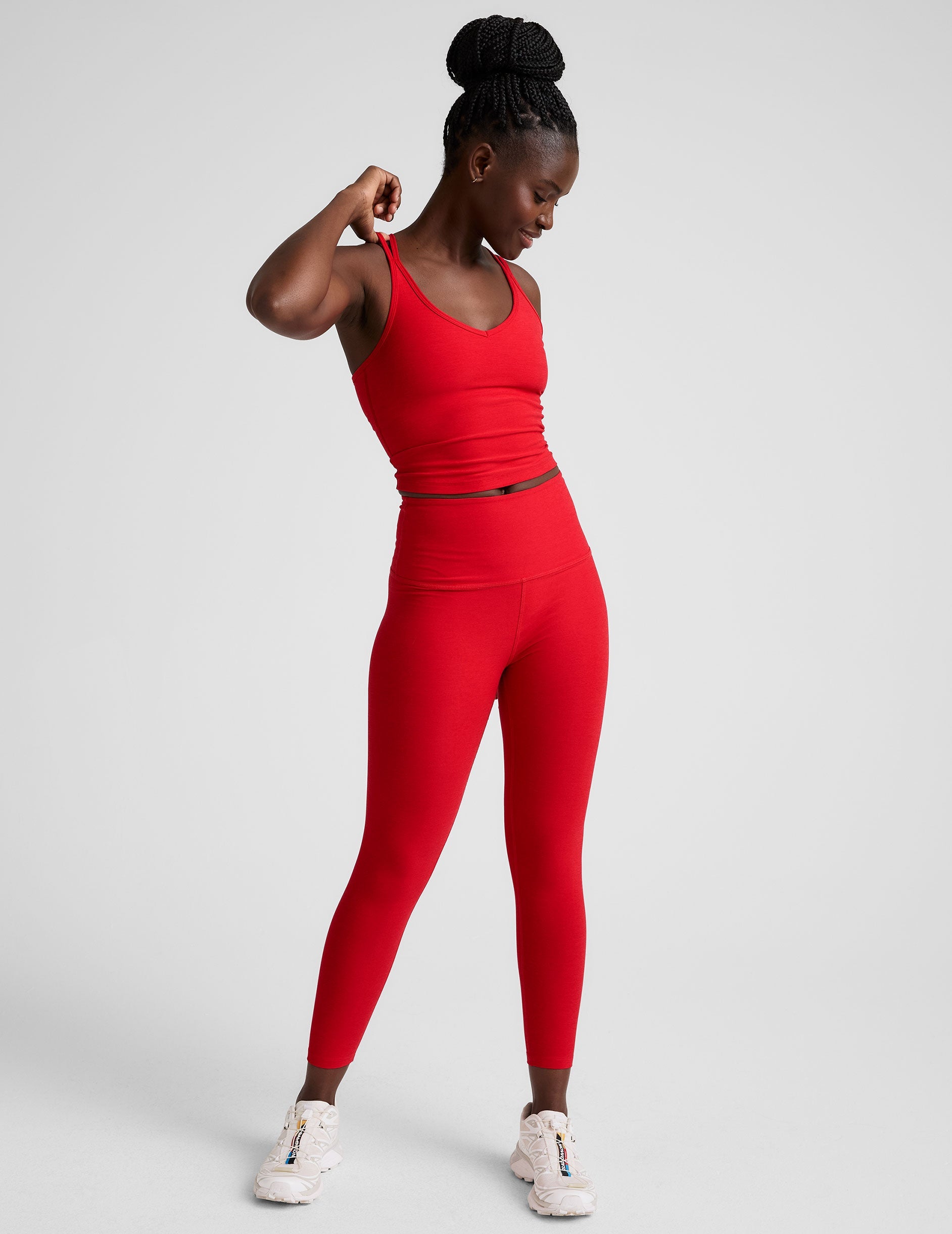 red high-waisted capri length leggings.