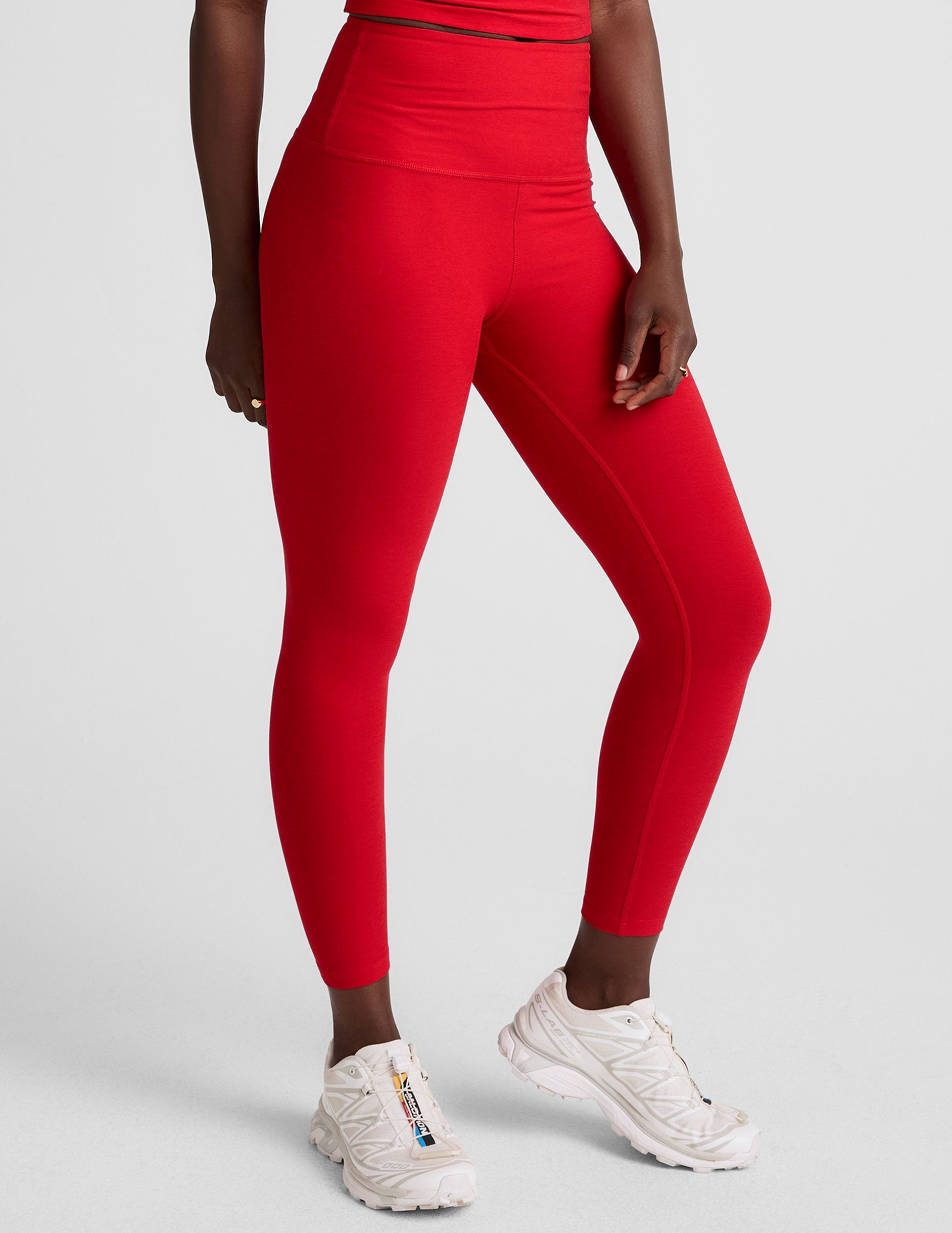 red high-waisted capri length leggings.