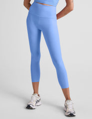 blue high-waisted capri length leggings.