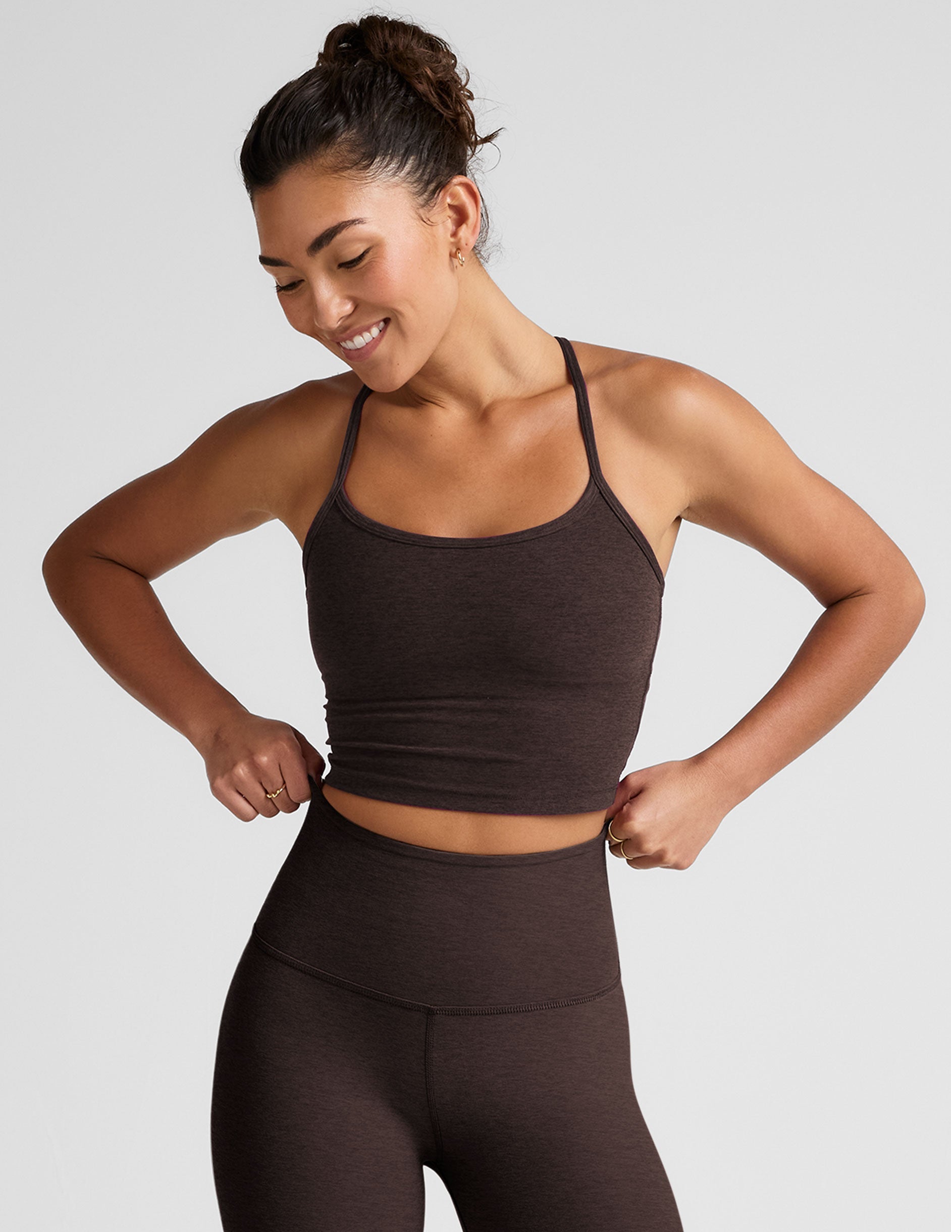 brown racerback cropped tank with slim straps.