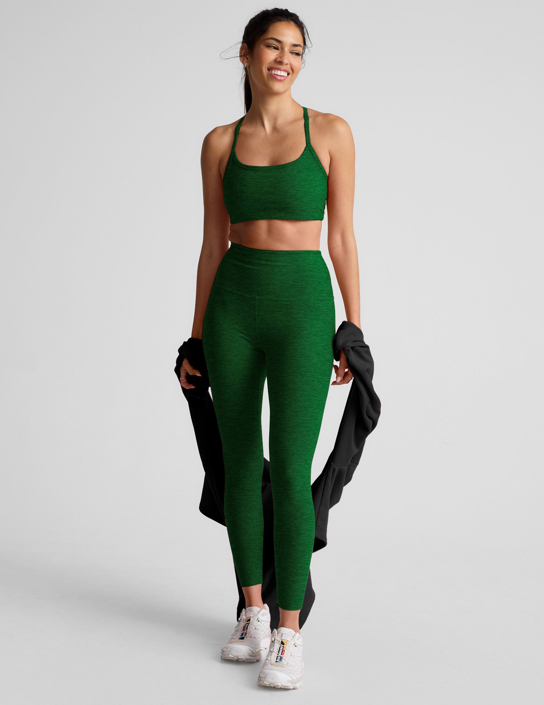 green high-waisted midi length leggings with a 24" inseam and 5" rise waistband. 