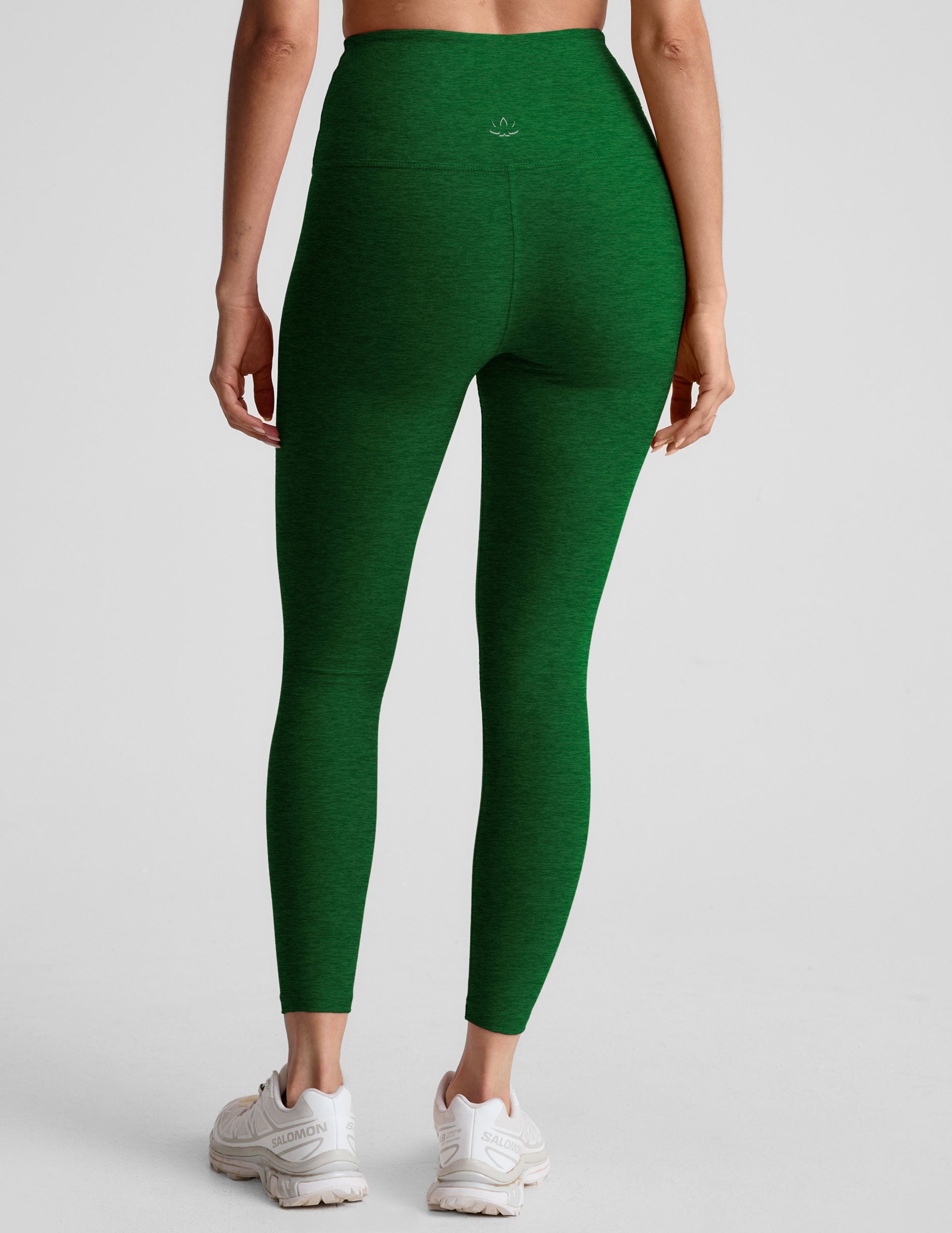 green high-waisted midi length leggings with a 24" inseam and 5" rise waistband. 