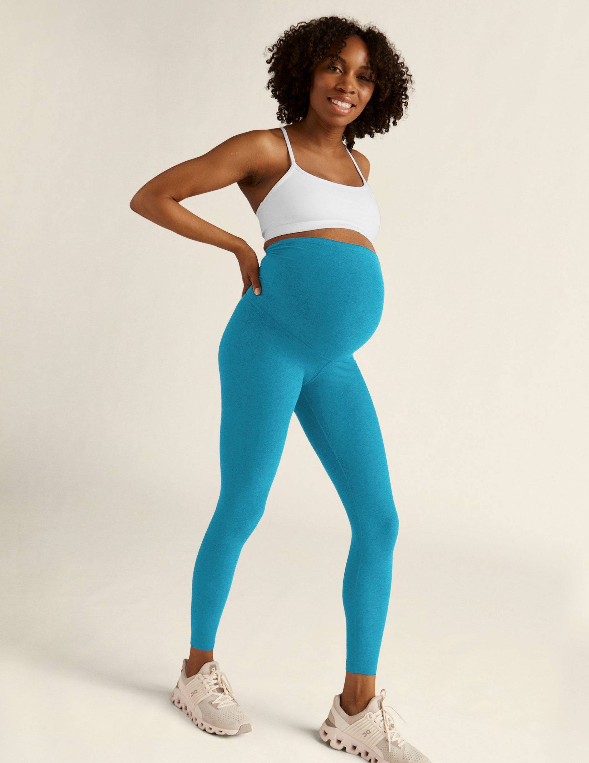 blue maternity midi spacedye leggings.