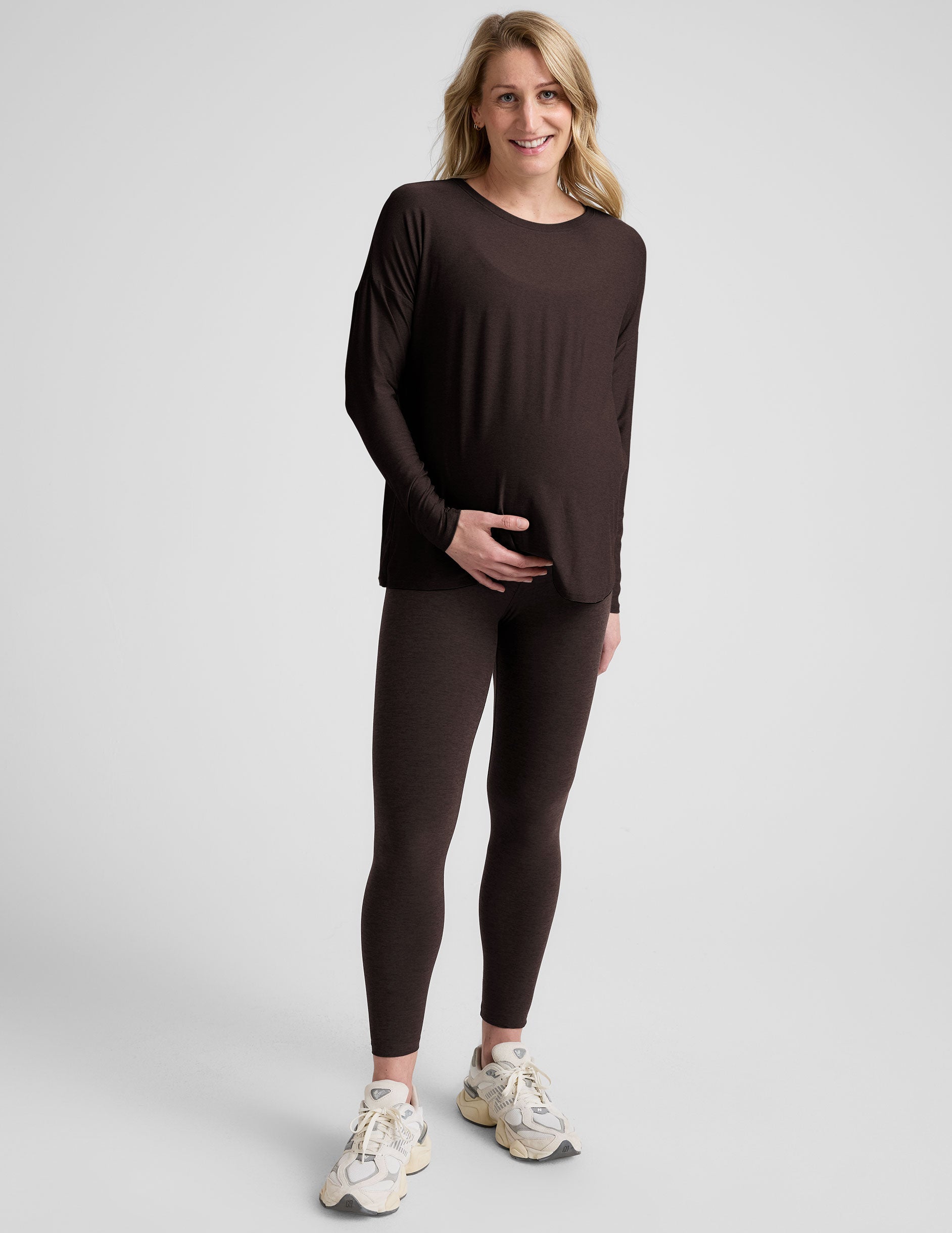 brown midi length maternity leggings.