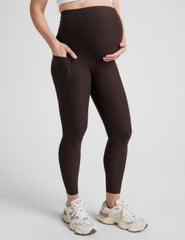brown maternity midi length leggings with pockets.