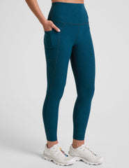 blue high-waisted midi length leggings with side pockets.