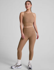 brown high-waisted capri length leggings with pockets.