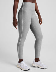 grey high-waisted midi length leggings with white piping details on sides.