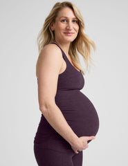 purple maternity racerback tank top and purple maternity midi length leggings.