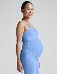 blue racerback maternity tank top with slim straps.