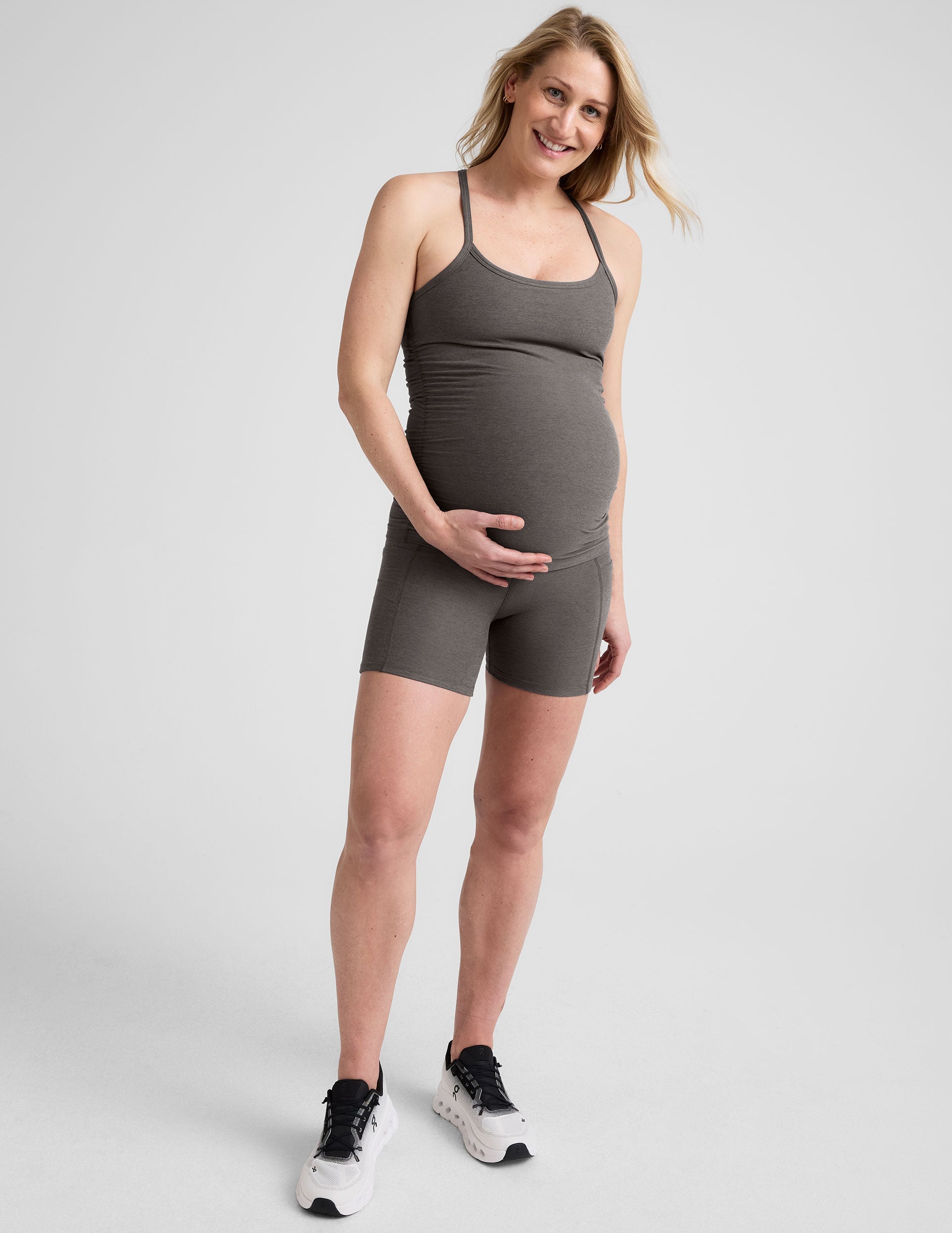 grey racerback maternity tank with slim straps.