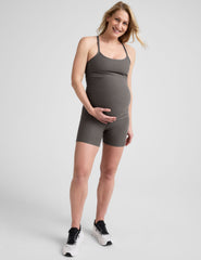 grey racerback maternity tank with slim straps.