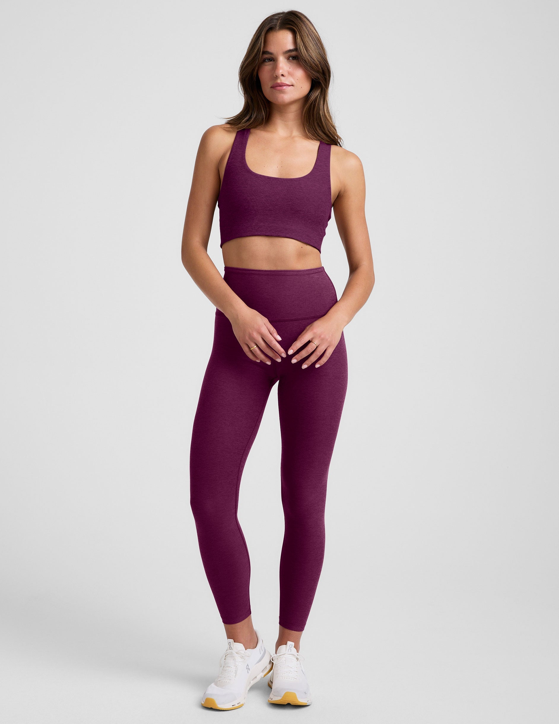 purple long line style racerback bra.