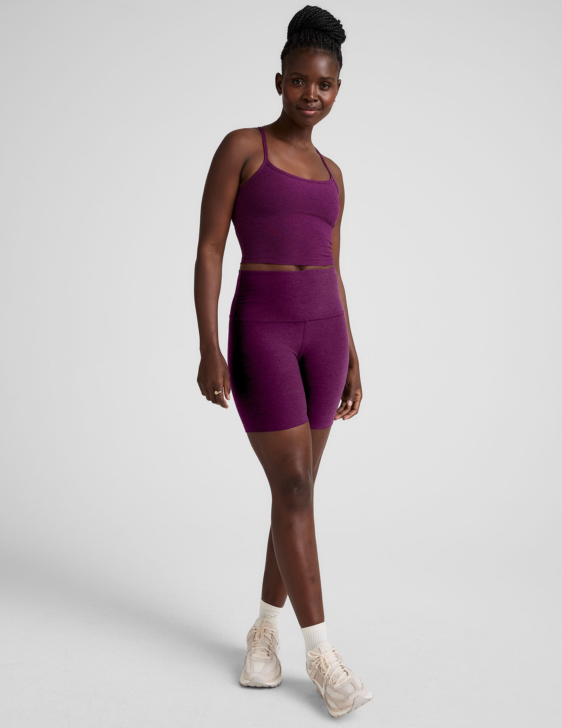 purple racerback tank top with slim straps.