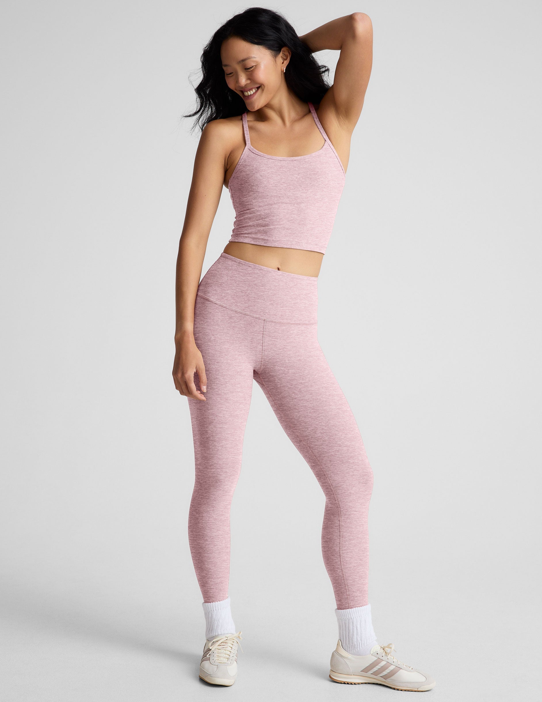 pink racerback cropped tank top with slim straps.