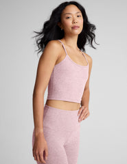 pink racerback cropped tank top with slim straps.