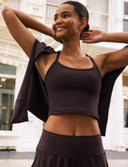 brown racerback cropped tank with slim straps.