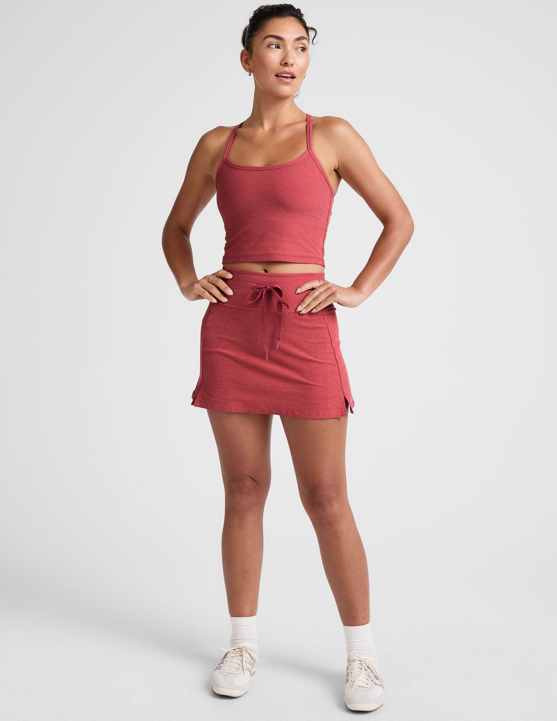 red racerback cropped tank with slim straps.