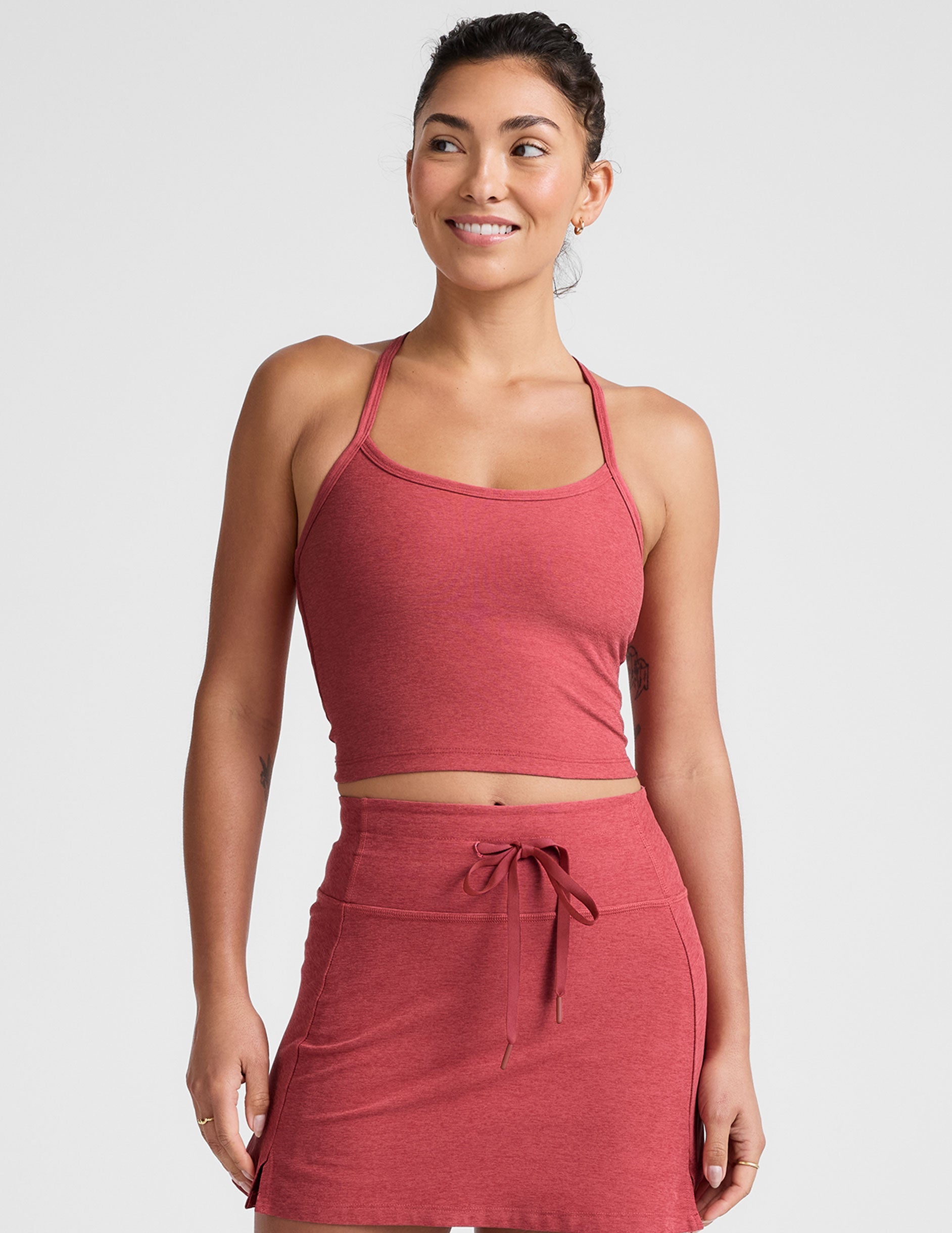 red racerback cropped tank with slim straps.