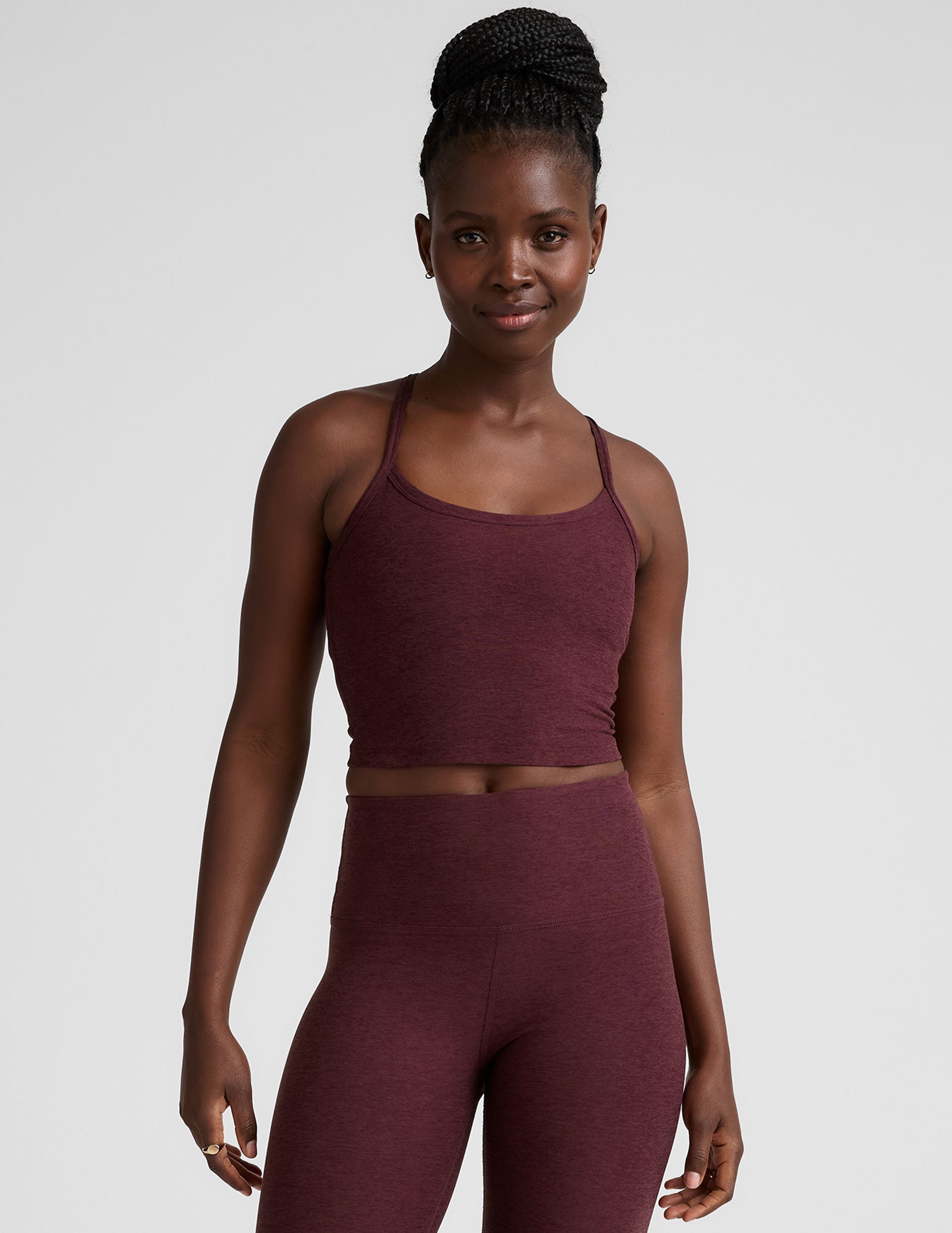 red slim strapped racerback cropped tank top.