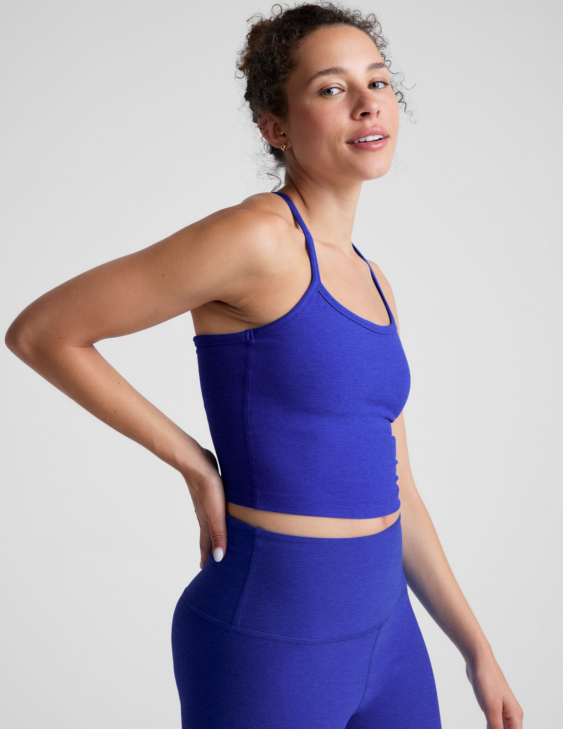 blue slim racerback cropped tank top.
