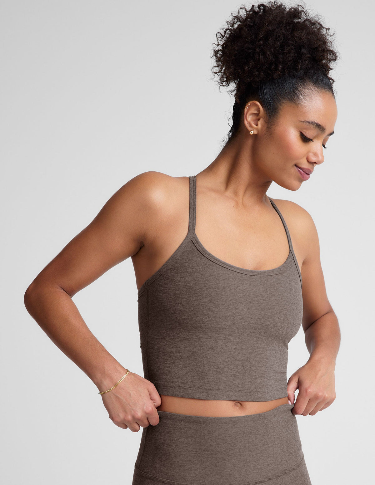 brown slim strapped racerback cropped tank top.