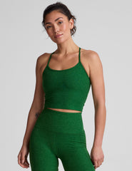 green racerback cropped tank top with slim spaghetti straps.