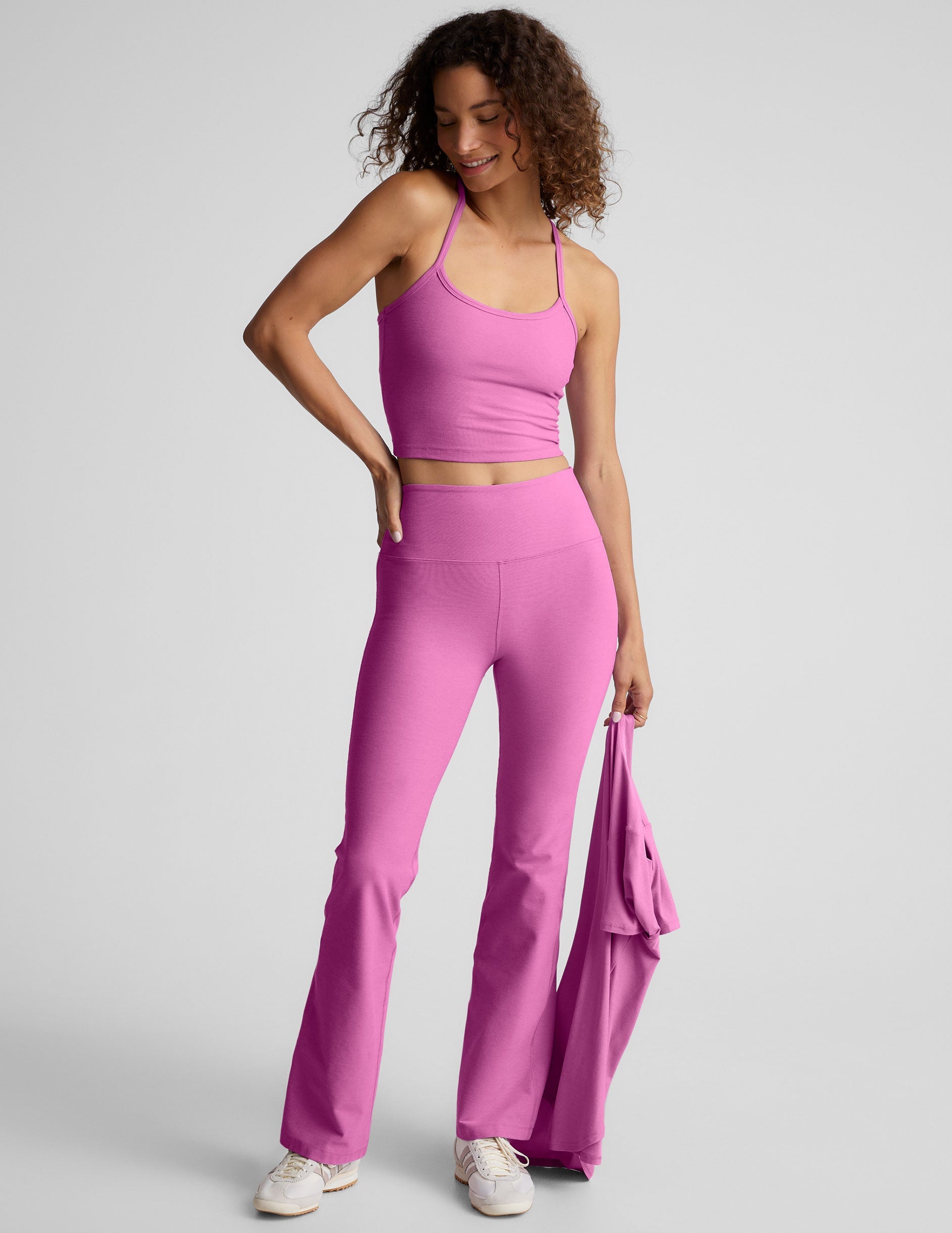 pink racerback cropped tank with slim straps.