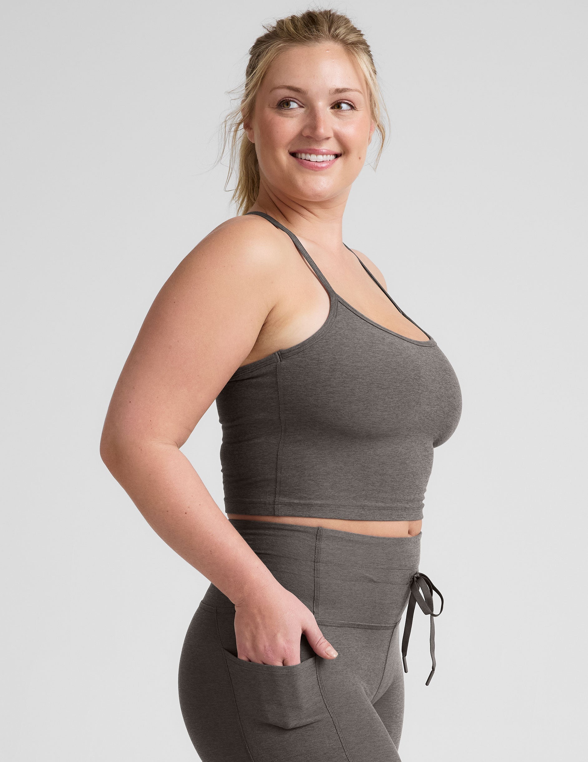 gray cropped tank skinny racerback with a keyhole detail.