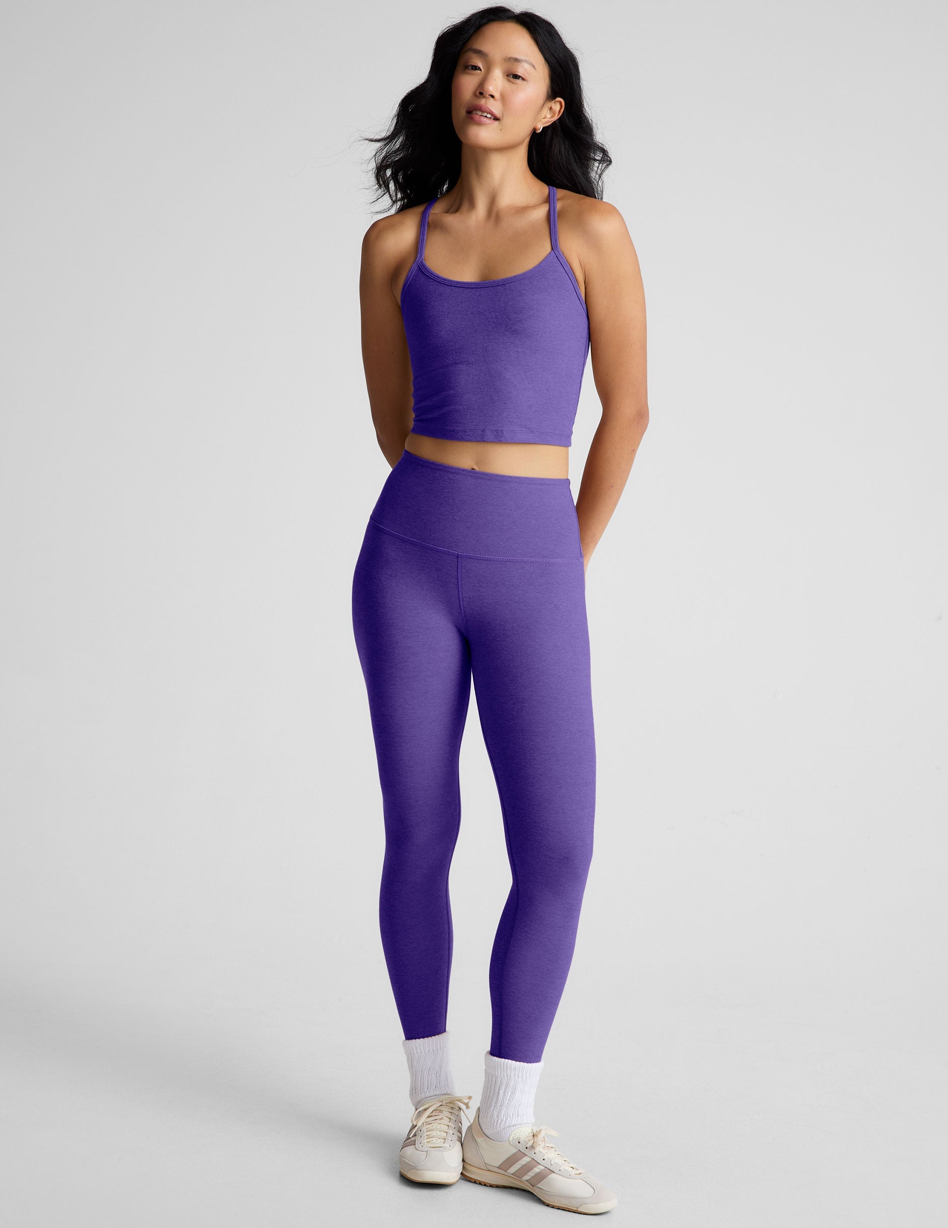 purple racerback cropped tank top with slim straps.