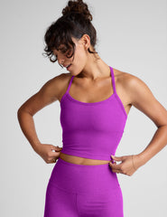 purple racerback cropped tank with slim straps.