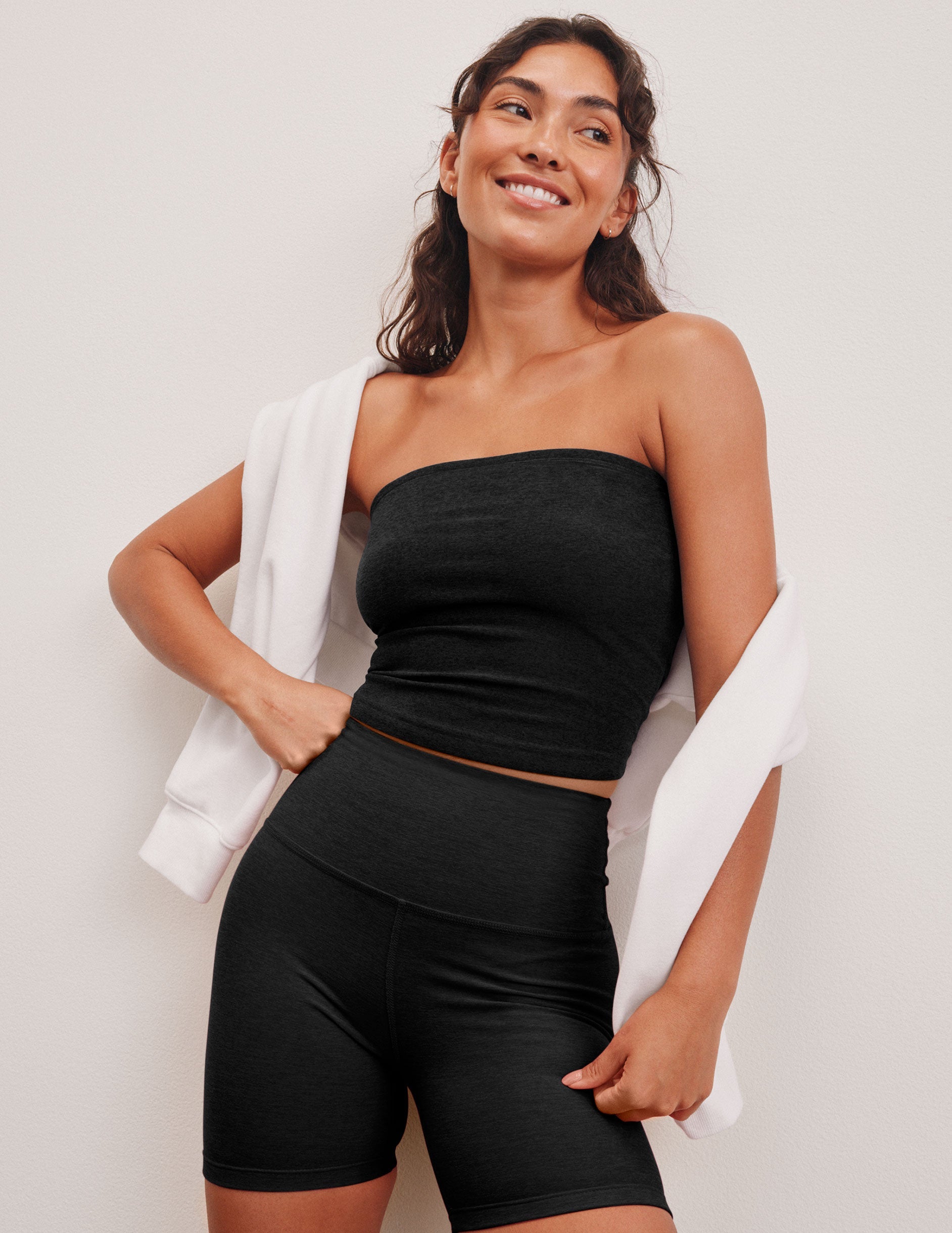 black strapless cropped top.