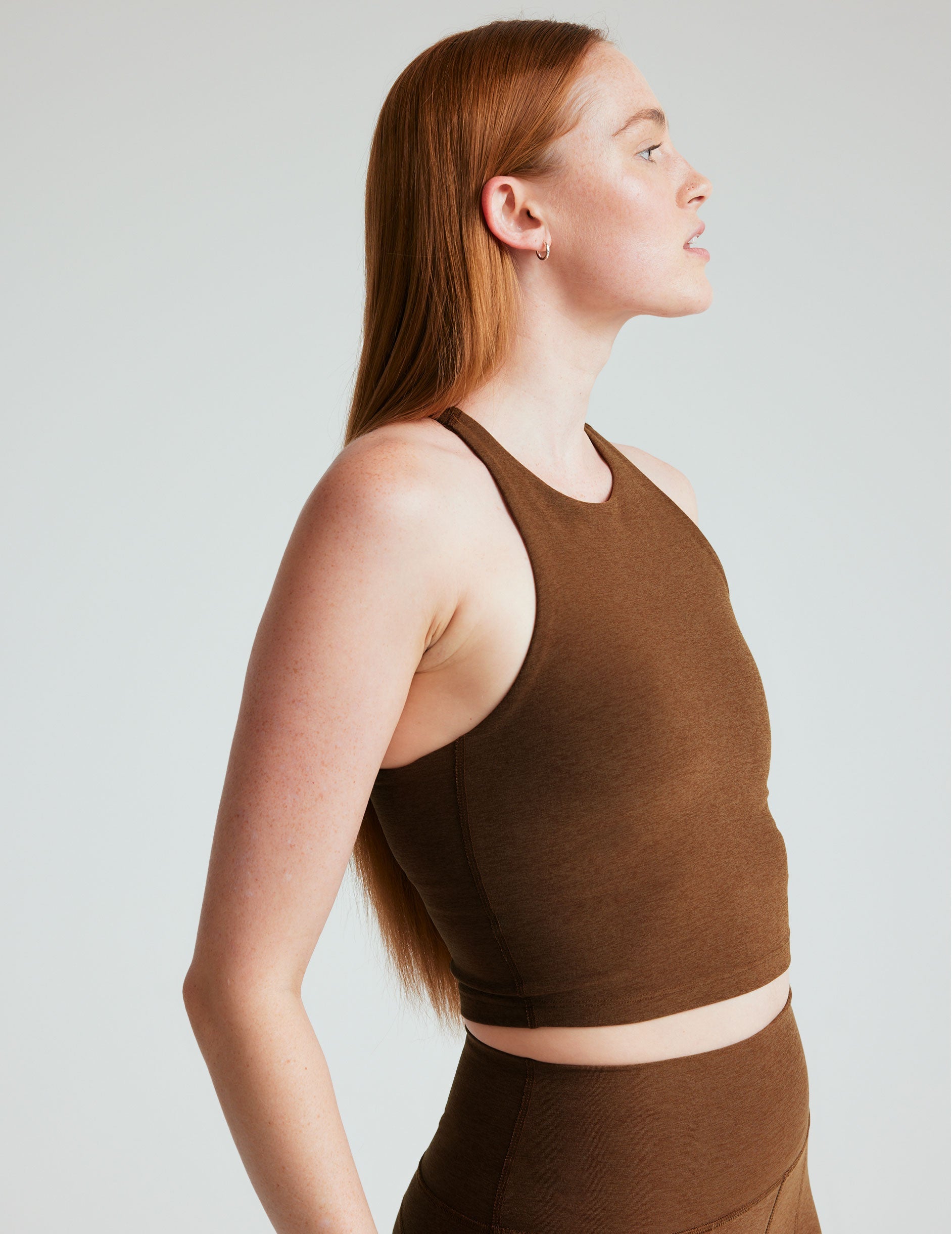 brown high-neck racerback cropped tank top.