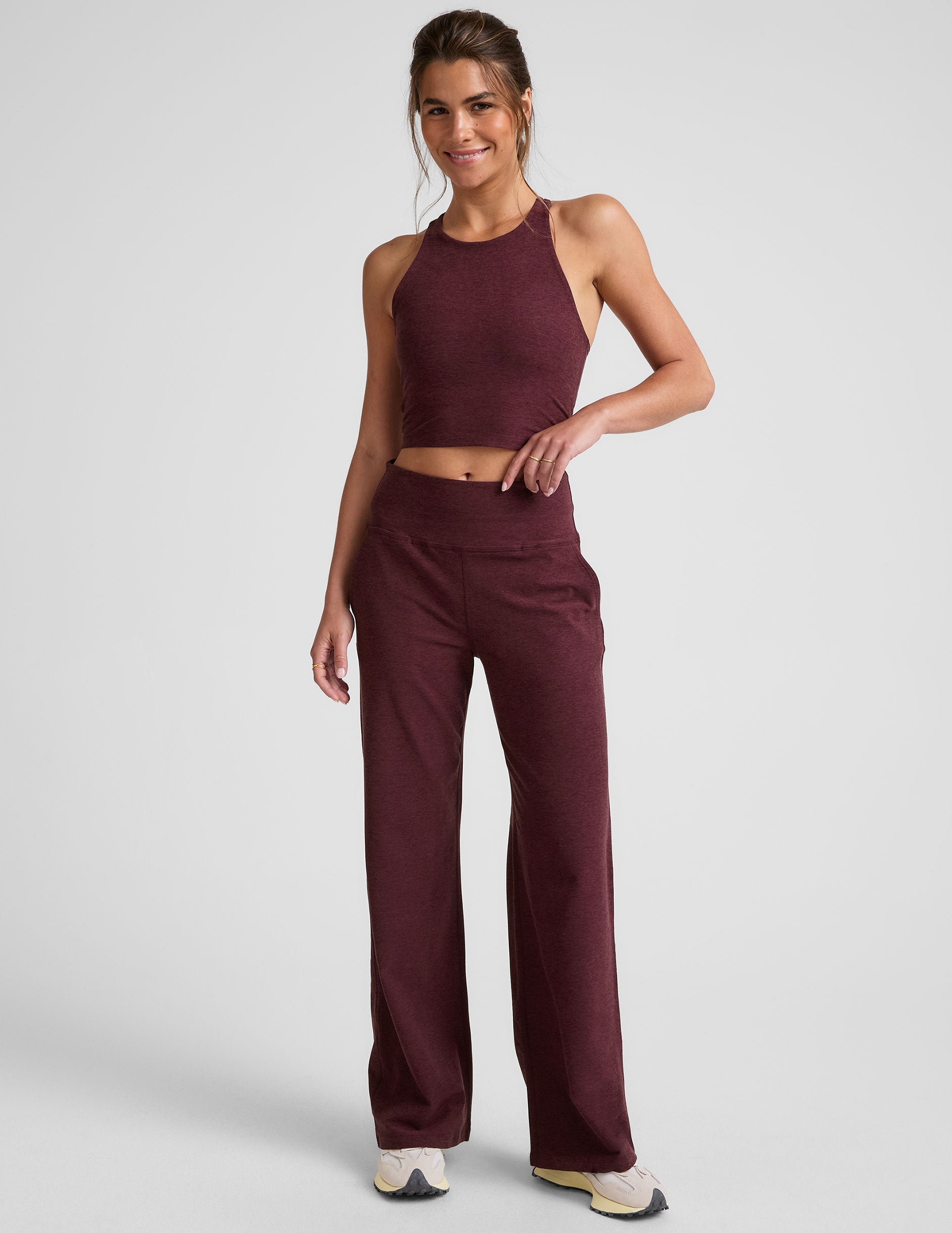 red high-neck racerback cropped tank top.