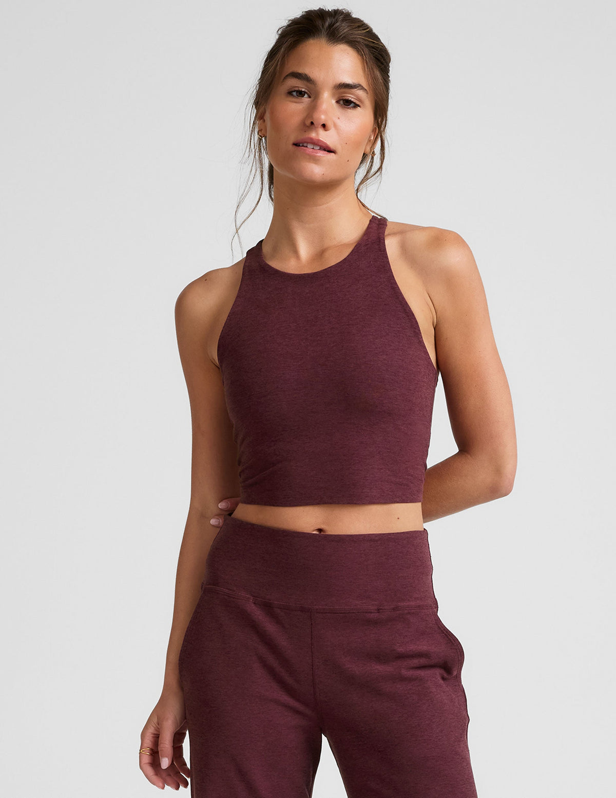 red high-neck racerback cropped tank top.