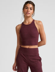 red high-neck racerback cropped tank top.