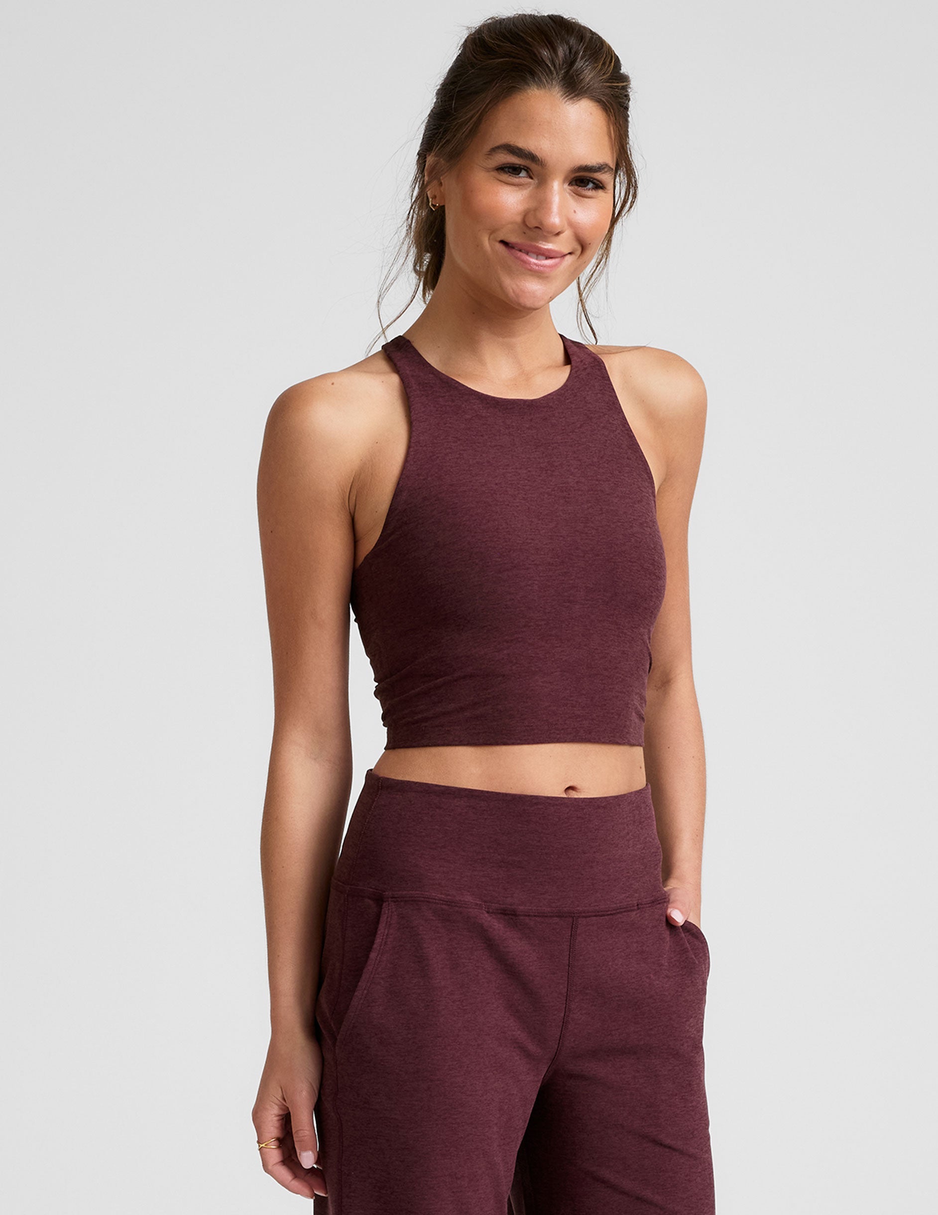 red high-neck racerback cropped tank top.