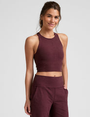 red high-neck racerback cropped tank top.