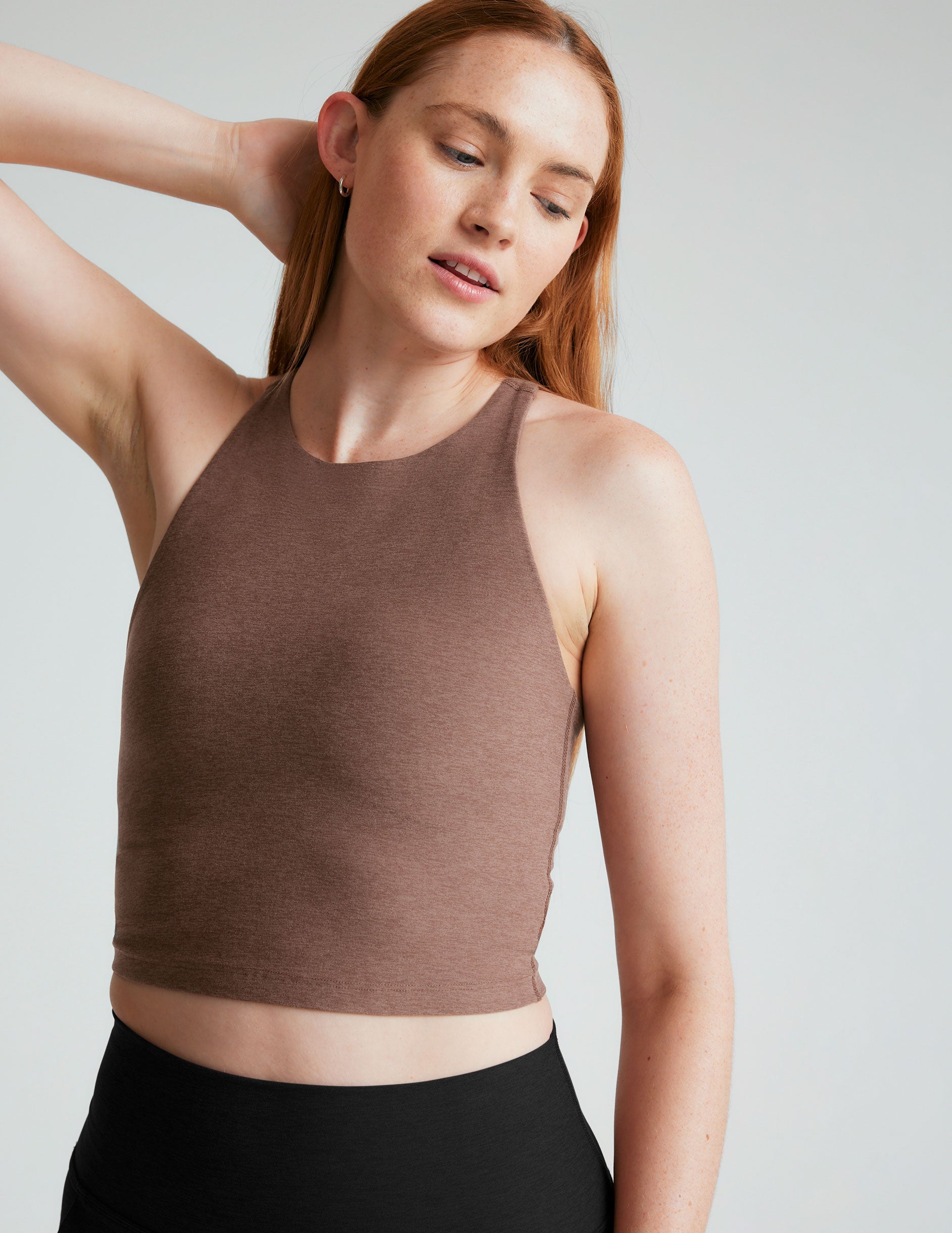 brown high-neck racerback cropped tank top.