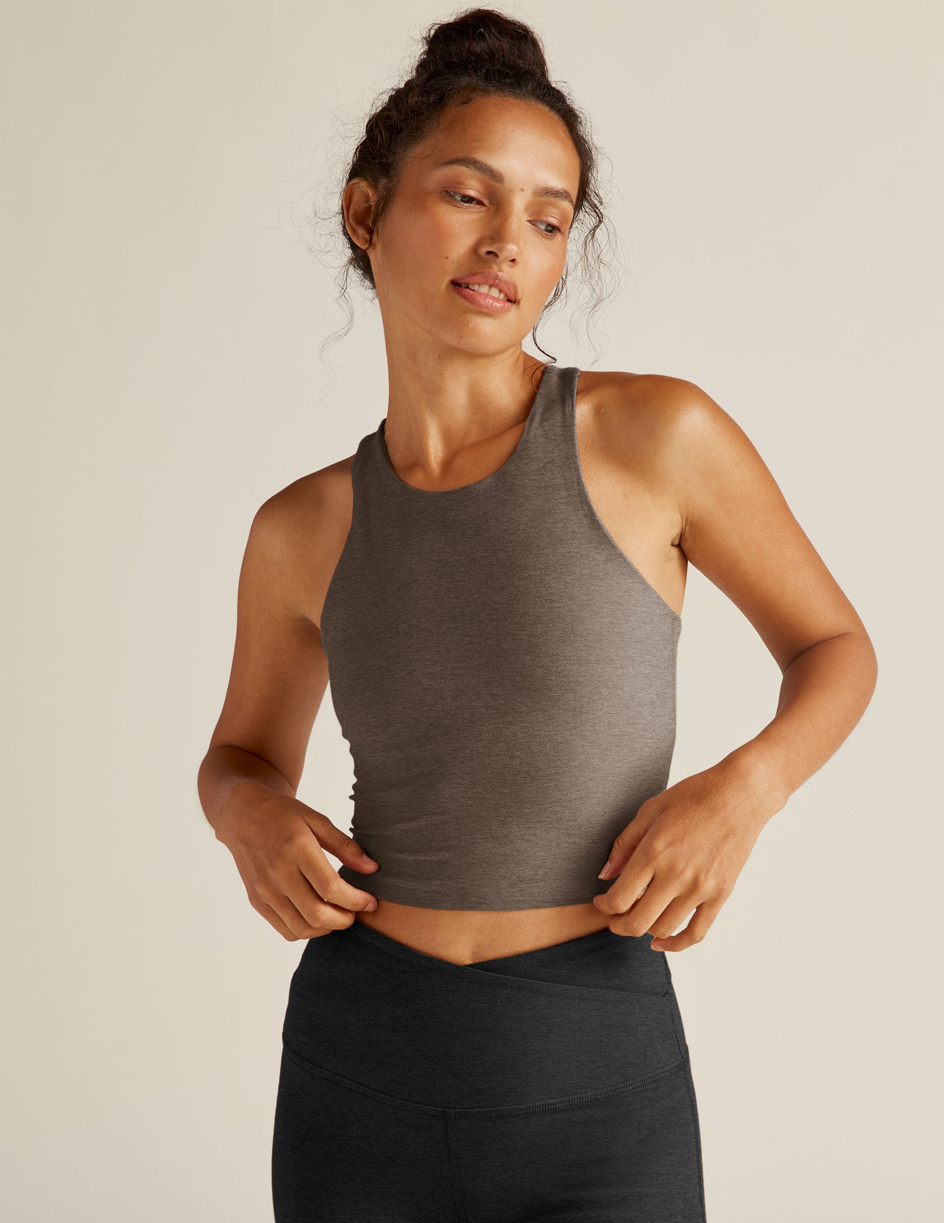 brown high-neck racerback cropped tank top.