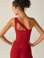red one-shoulder cropped tank top with a cutout on back strap.