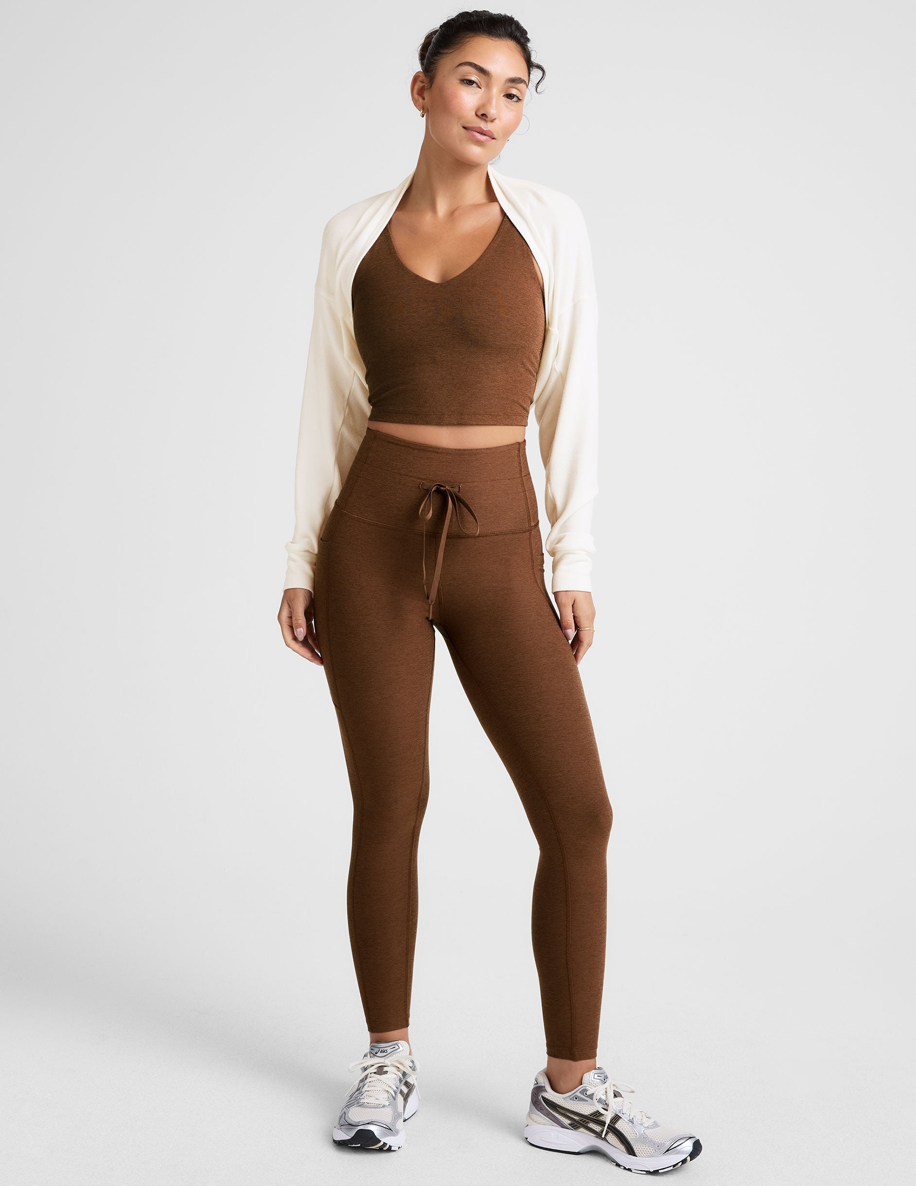 brown cropped tank top with a front and back v neckline.
