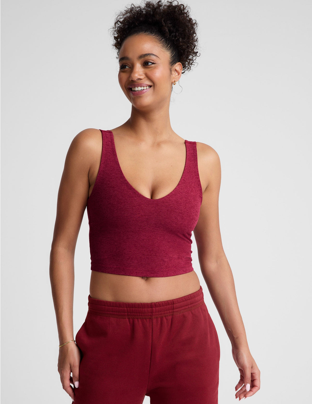 red v-neck cropped tank top.