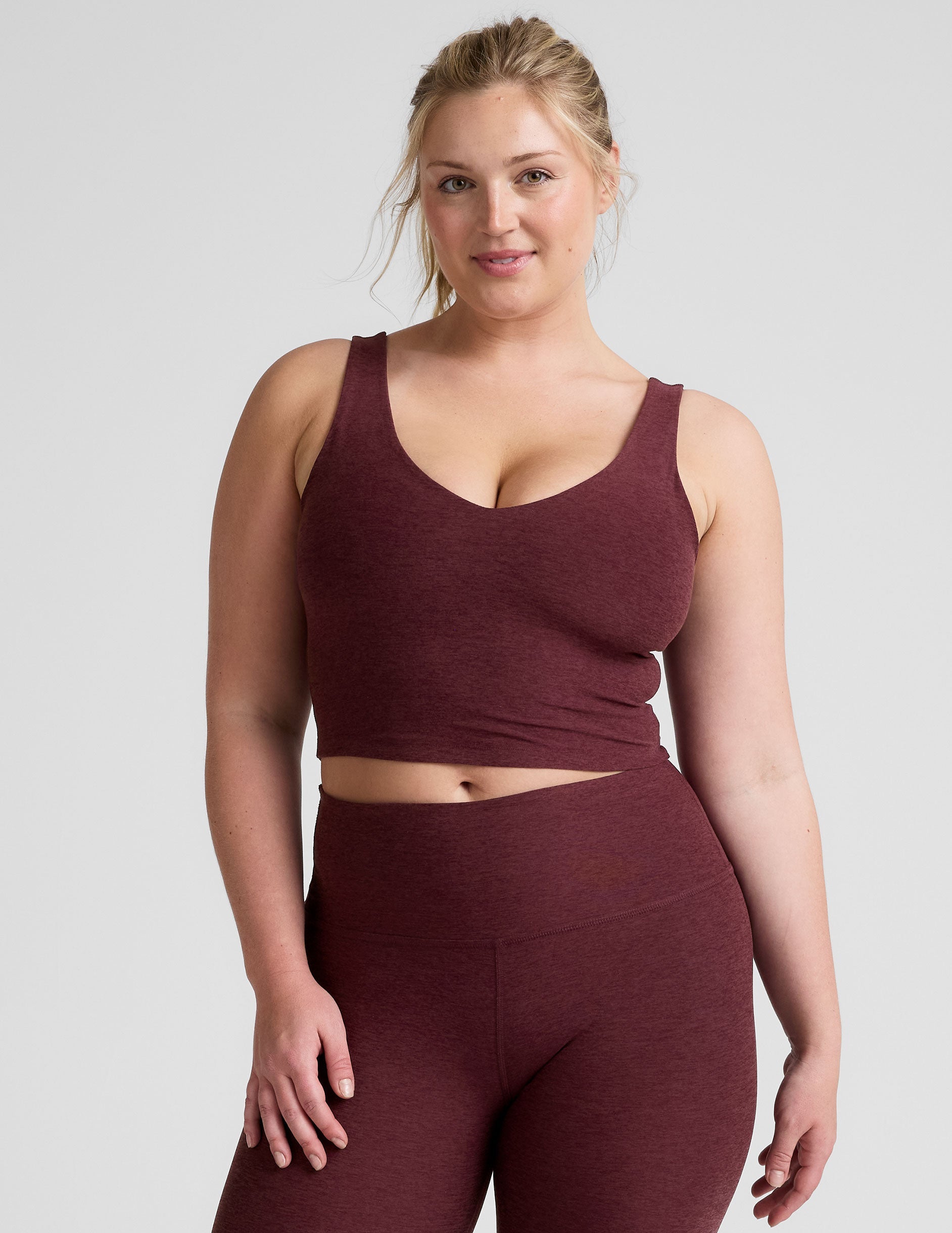 red cropped tank top with a soft front and back v-neck.