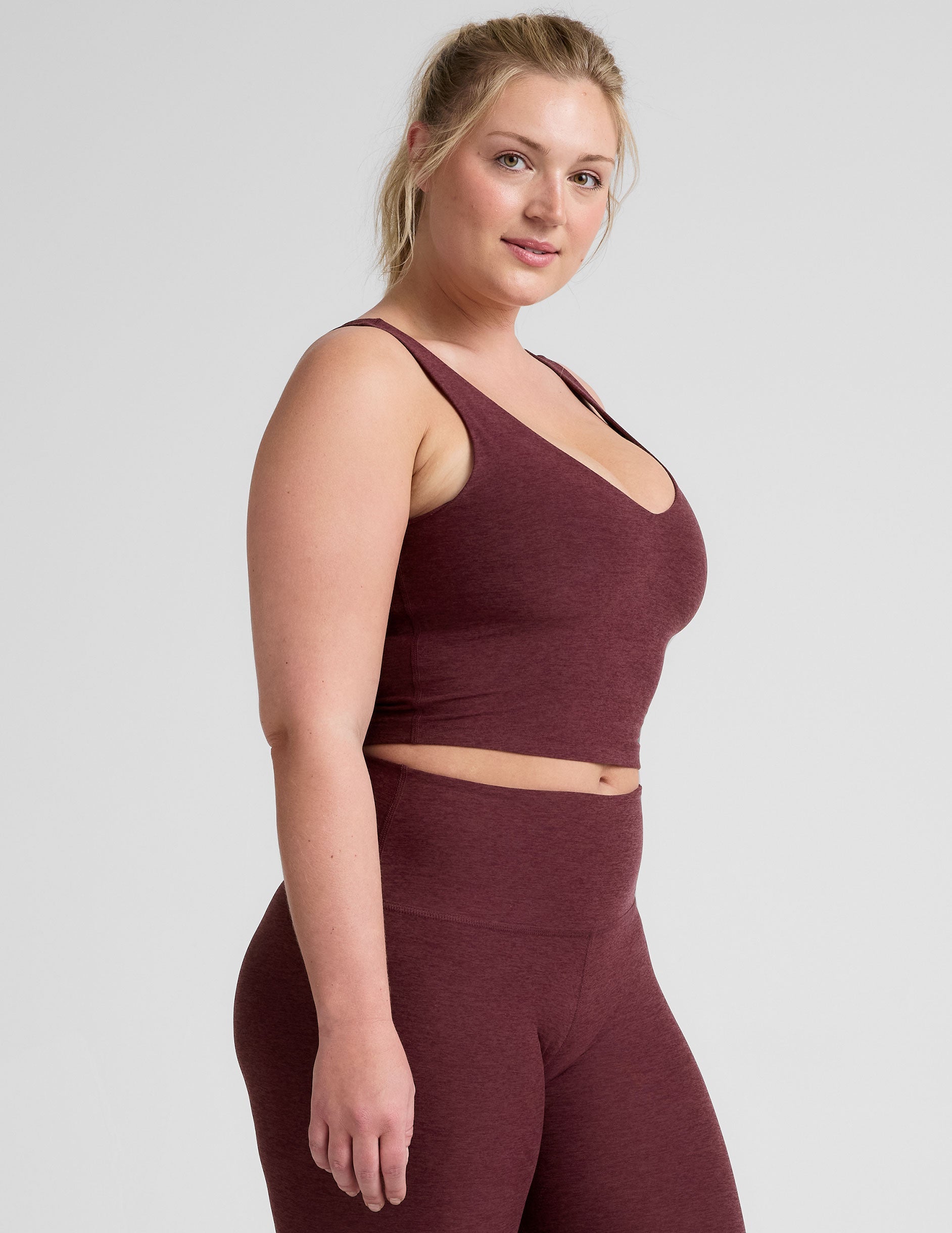 red cropped tank top with a soft front and back v-neck.