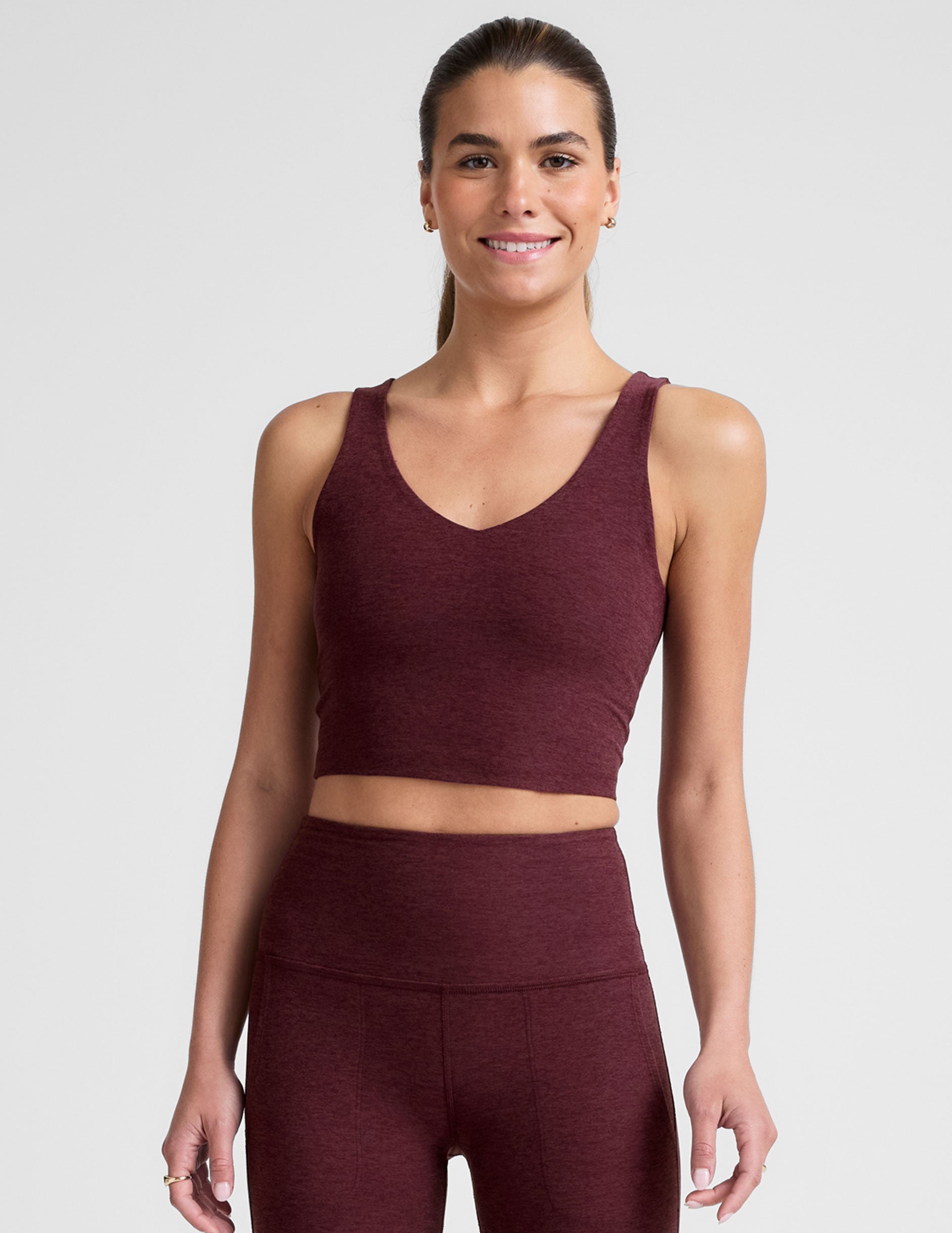 red cropped tank top with a soft front and back v-neck.